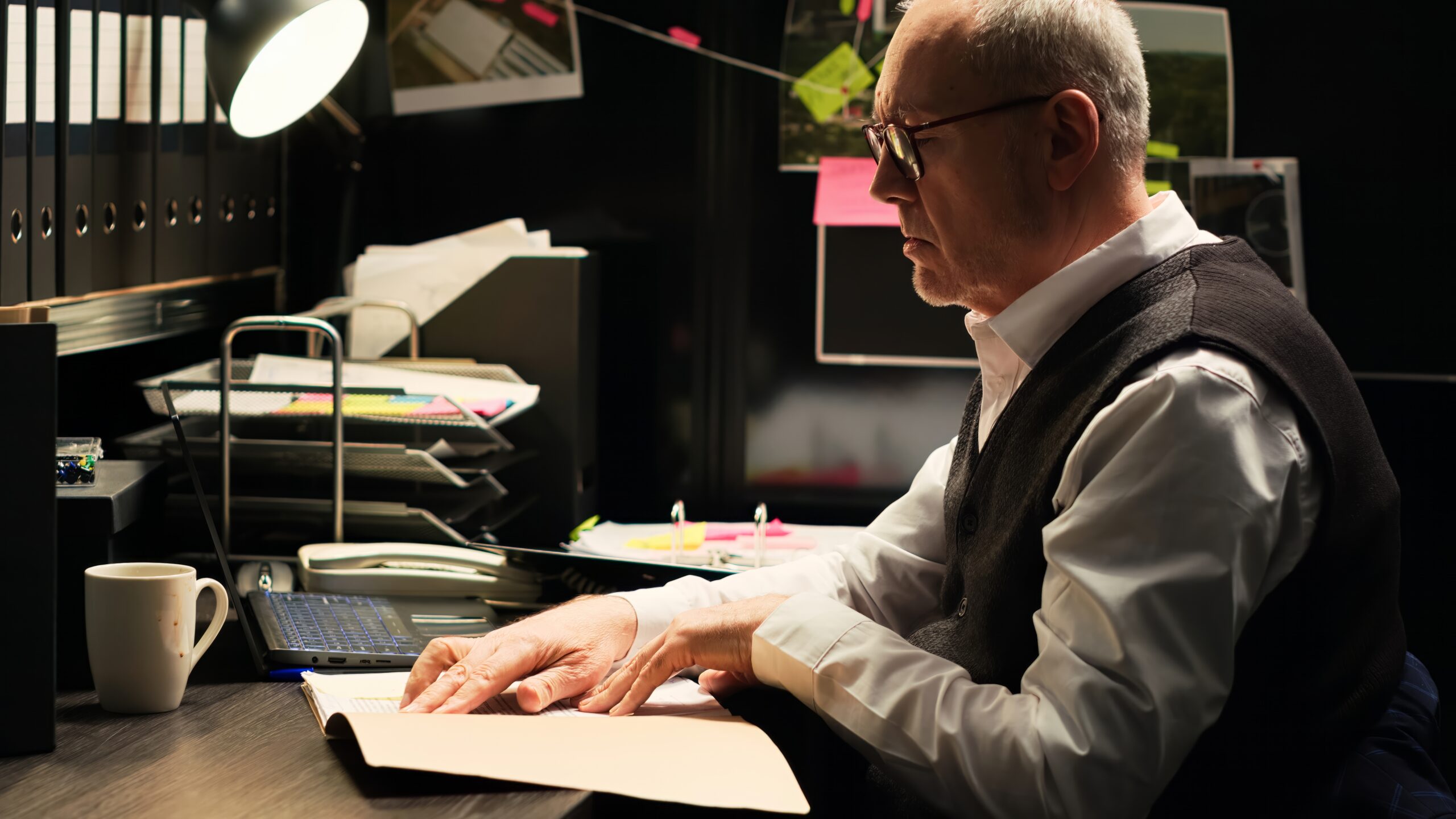 A forensic psychologist reading his cases