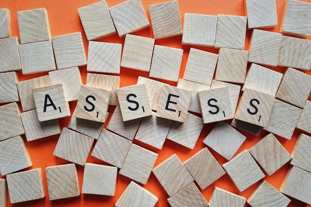 A tile block with letters forming the word assess