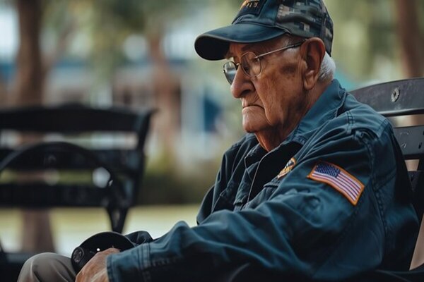 An elderly military veteran sitting on a bench